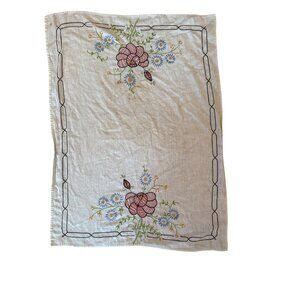Vintage Hand-Embroidered Linen Tea Towel With Floral Design & Black Trim